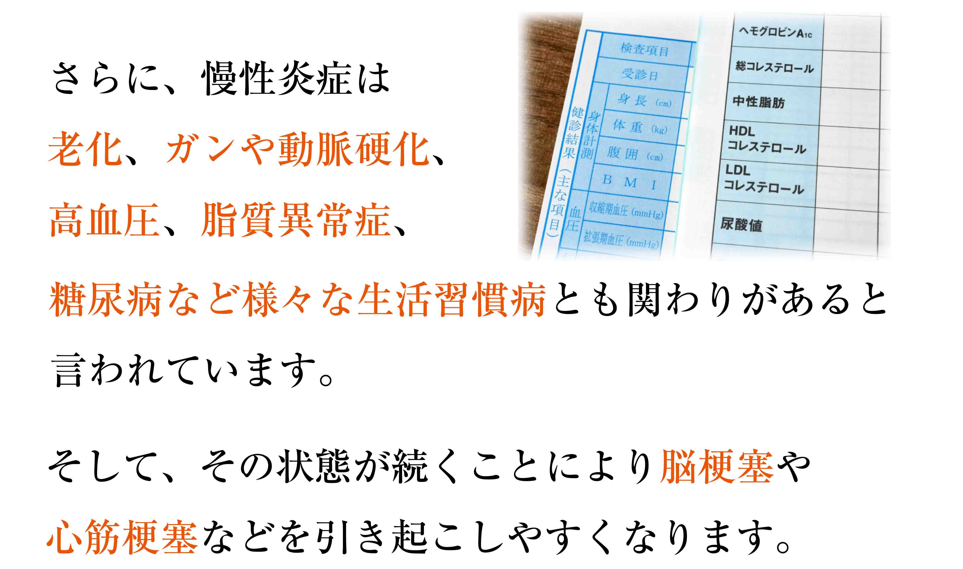 老化、ガンや動脈硬化、高血圧、脂質異常症、糖尿病など様々な生活習慣病